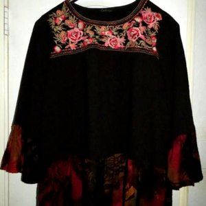 Calessa Plus Size Stretch Embroidered Round Neck 3/4 Bell Sleeve Top  Color